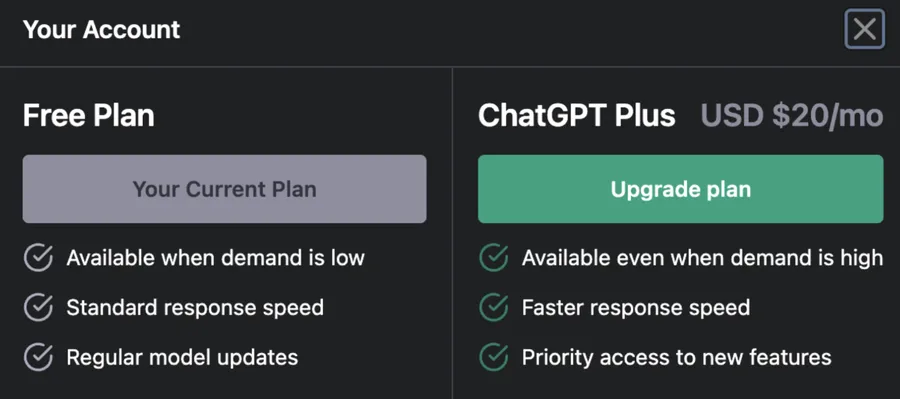 Image shows a screenshot of OpenAI’s ChatGPT Plus offering and compares it to the free version of ChatGPT.Screenshot 2023 03 08 at 9 53 32 AM